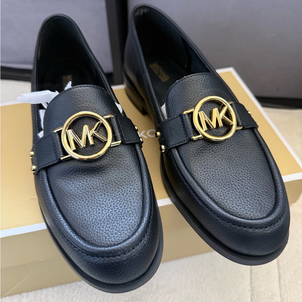 Michael Kors Black Leather Penny Loafers with Gold Hardware (NEW with box) - Picture 1 of 7